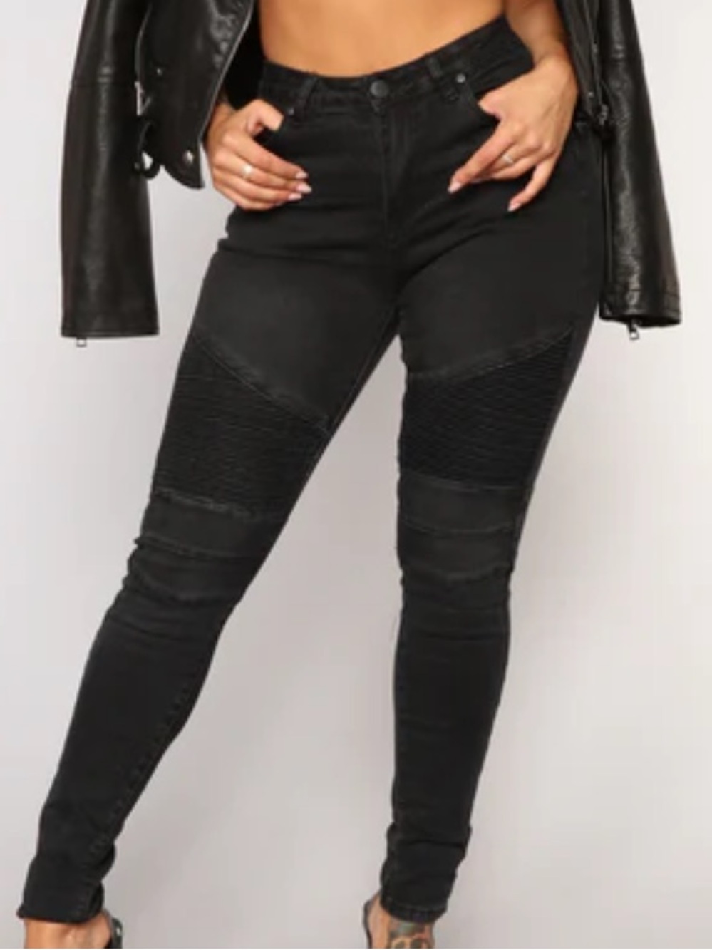 Fashion Nova Black Moto Ribbed Knee Skinny Jeans